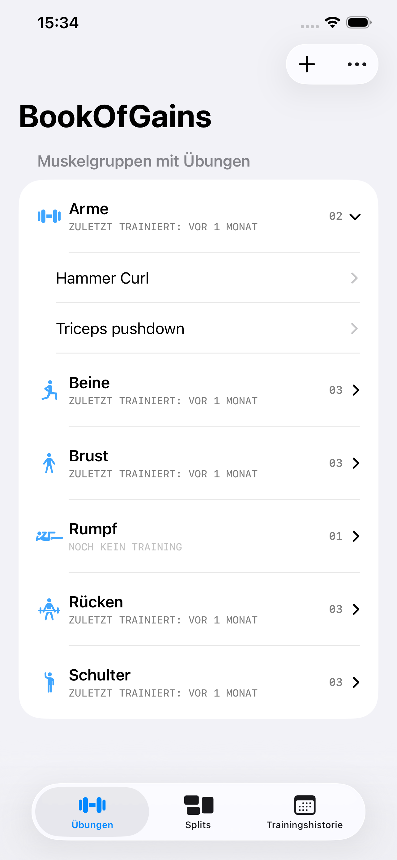 BookOfGains App Screenshot - Workout Übersicht